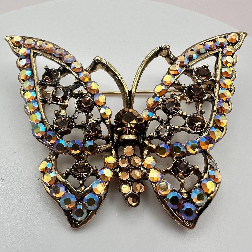 Vintage 90s Gold Tone Filigree Butterfly Brooch Pin‎ AB Glass Fashion Jewelry